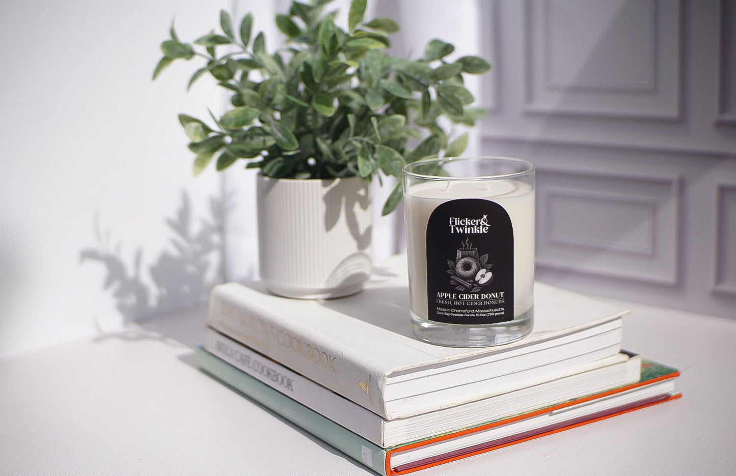 An Apple Cider Donut Candle and a potted plant sit on books in a sunlit room.