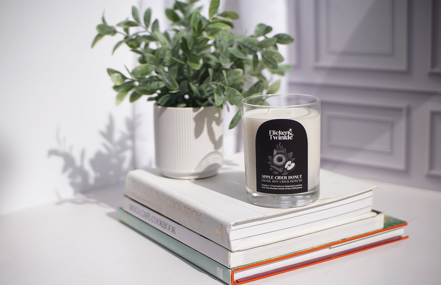 An Apple Cider Donut Candle and a potted plant sit on books in a sunlit room.