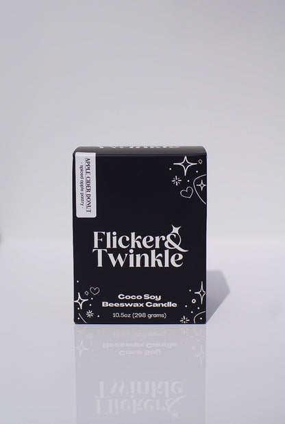 Black Flicker & Twinkle box for Apple Cider Donut Coconut Wax Candle with star designs.