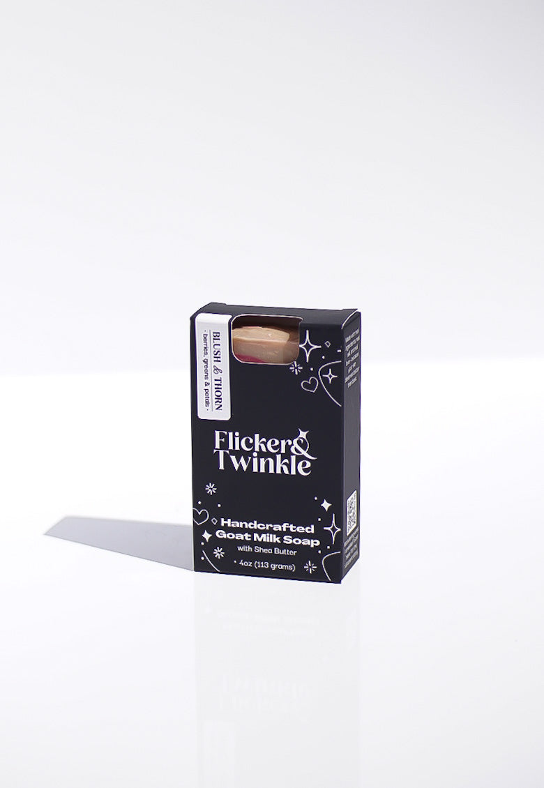 Flicker & Twinkle handcrafted soap packaging on a white background