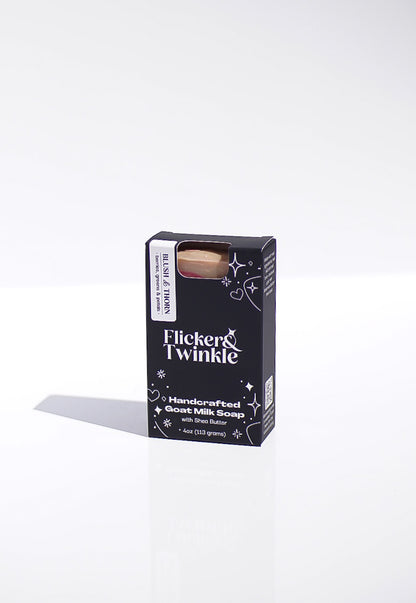 Flicker & Twinkle handcrafted soap packaging on a white background