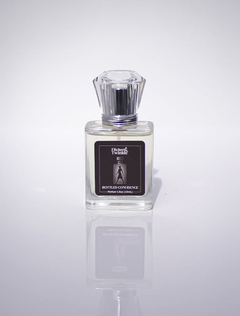 Perfume bottle with a clear label on a white background