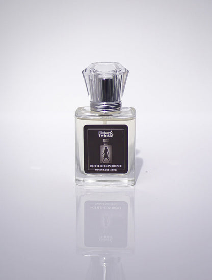 Perfume bottle with a clear label on a white background