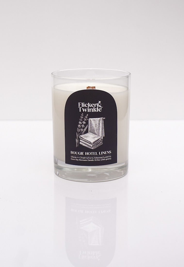 Bougie Hotel Linens Candle - Coconut Soy Beeswax in a glass jar with a fresh linen scent.