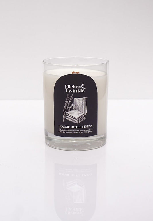 Bougie Hotel Linens Candle - Coconut Soy Beeswax in a glass jar with a fresh linen scent.