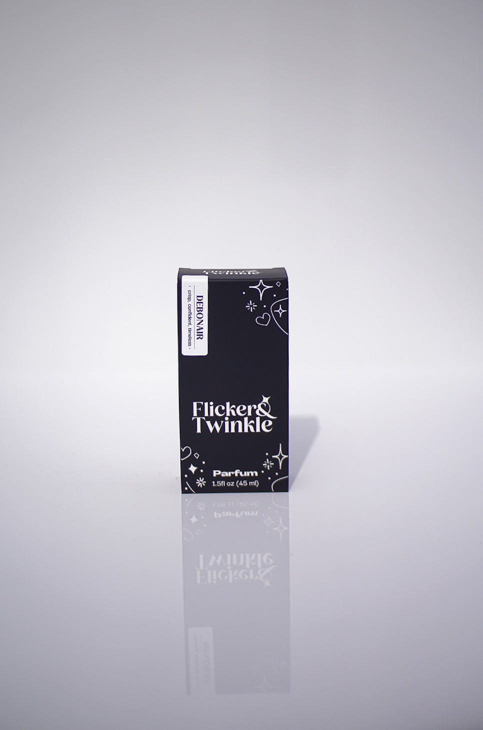 Debonair Parfum box with white text, star accents, and bold parfum strength display.