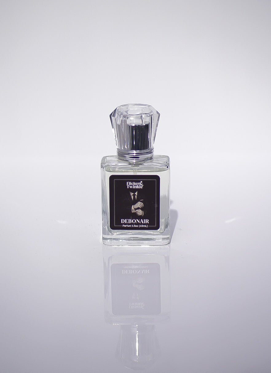 A clear glass Debonair Parfum bottle, a sophisticated citrus scent, stands on white.