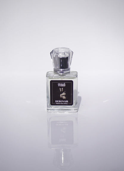 A clear glass Debonair Parfum bottle, a sophisticated citrus scent, stands on white.