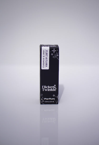 Black perfume box labeled 'Flicker & Twinkle' on a gray background