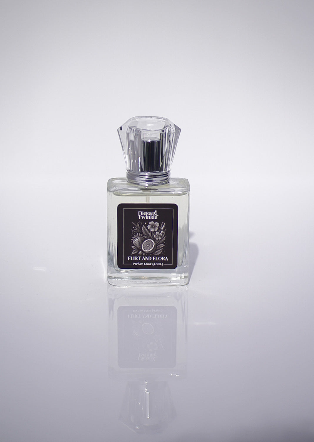 Perfume bottle with a black label on a white background