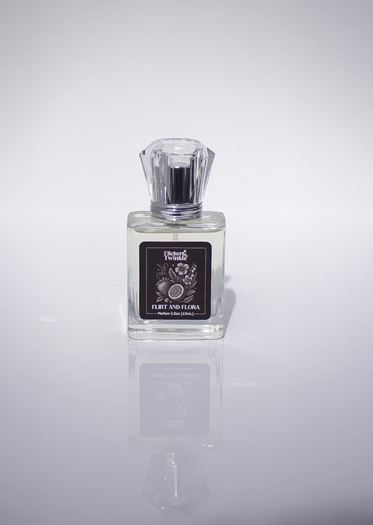 Perfume bottle with a black label on a white background