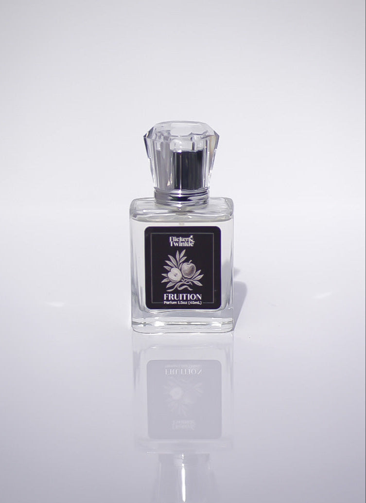 Perfume bottle with a label on a white background