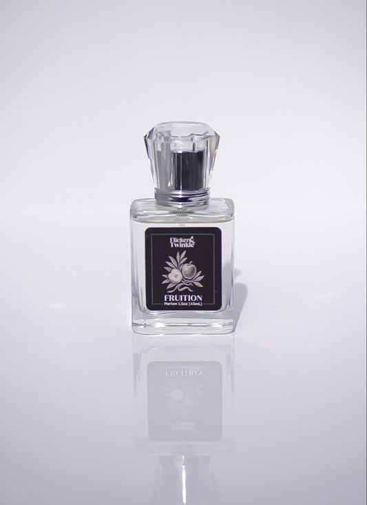Perfume bottle with a label on a white background