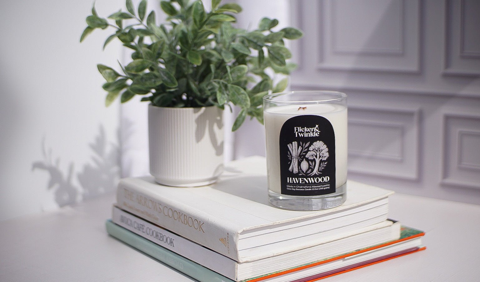 A potted plant and a Havenwood Candle - Coconut Soy Beeswax sit atop books on a white surface.