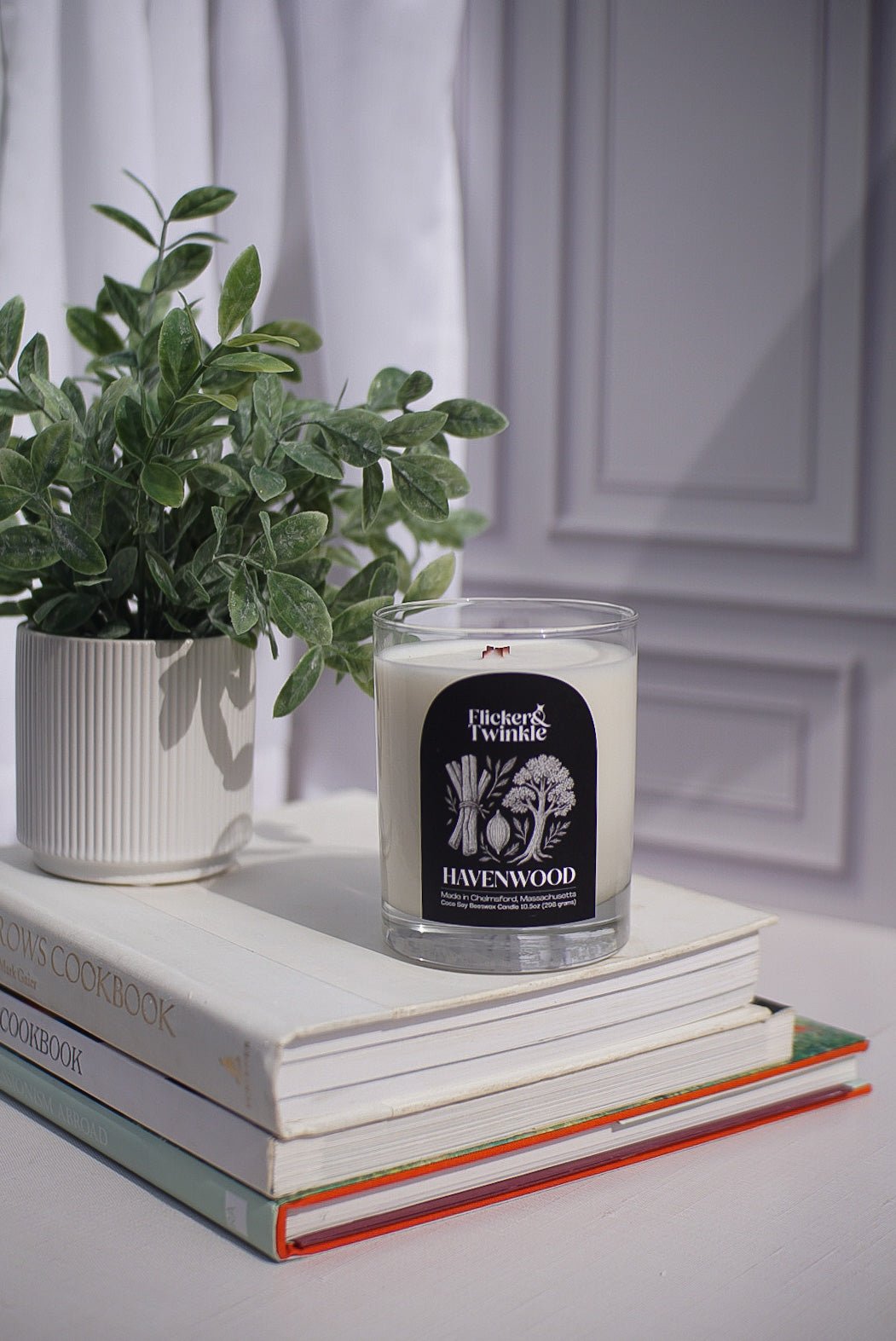 A potted plant and a Havenwood Candle - Coconut Soy Beeswax sit on closed books by the window.