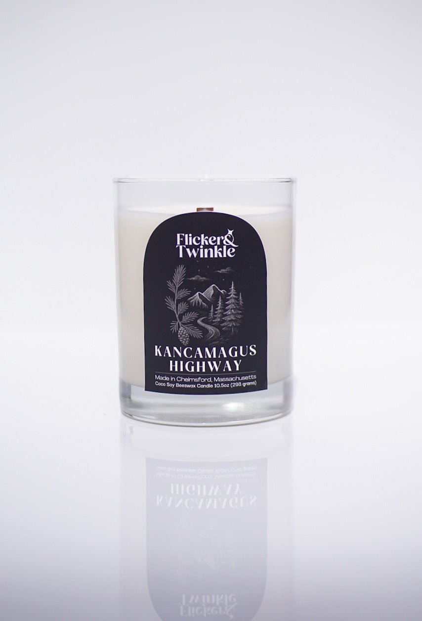 A luxury Kancamagus Highway Candle—coconut soy beeswax in a glass jar by Flicker & Twinkle.