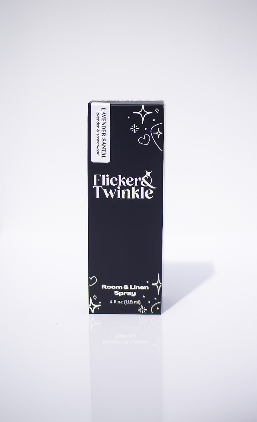 Flicker & Twinkle room and linen spray bottle in a gift box on a white background