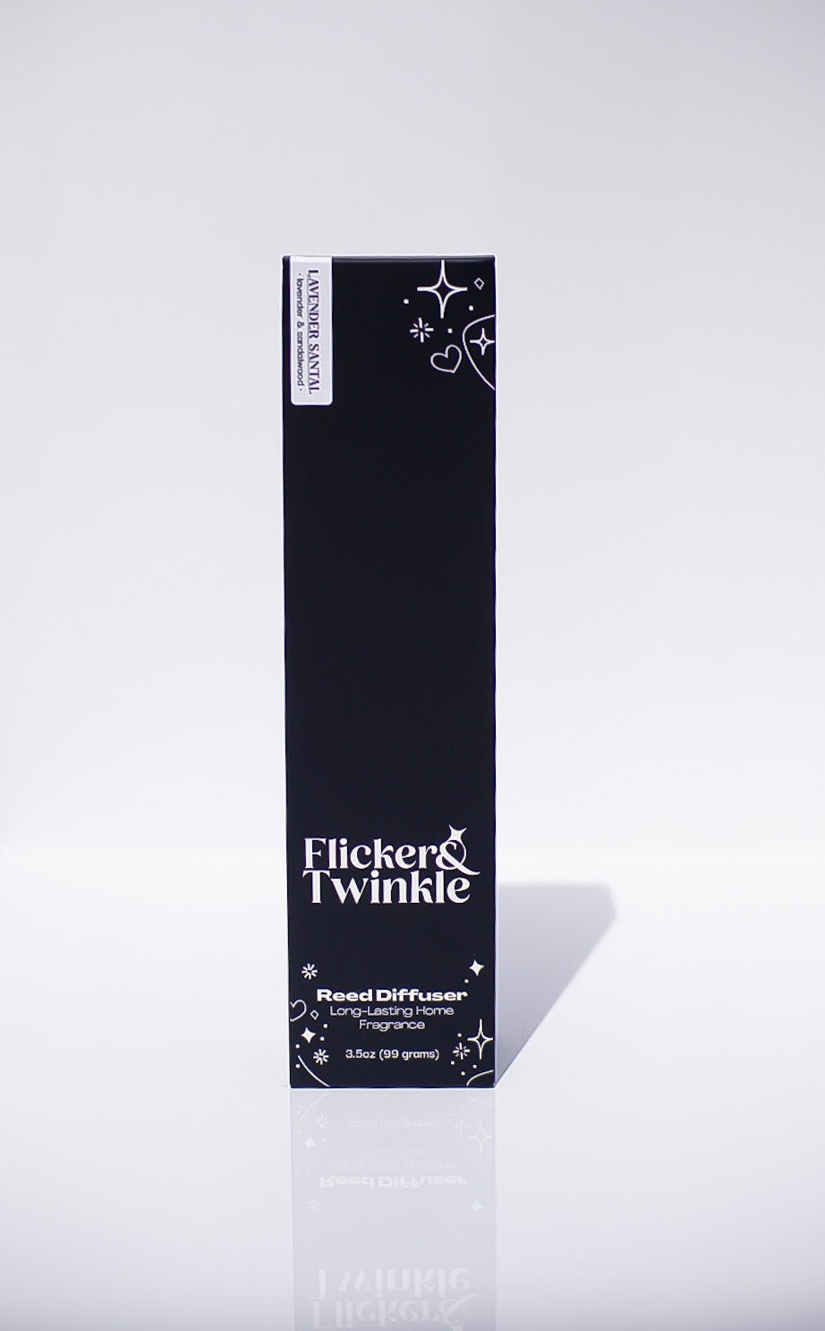 A black box labeled Lavender Santal Reed Diffuser stands upright on a white background.