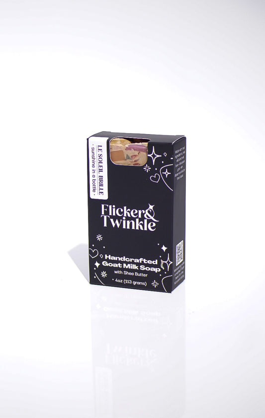 Le Soleil Brille handmade goat milk soap bar in gift box—sunny citrus & creamy gourmand scent