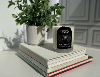 A potted plant and a New England Coconut Wax Candle sit atop books on a white surface.