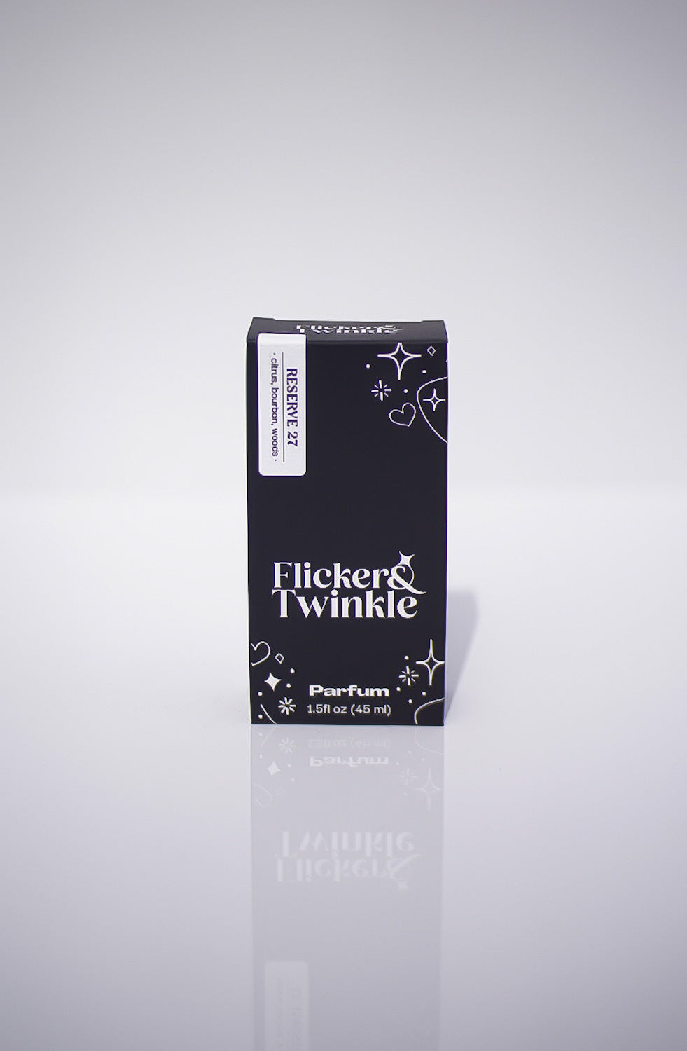 Flicker & Twinkle perfume box on a light gray background