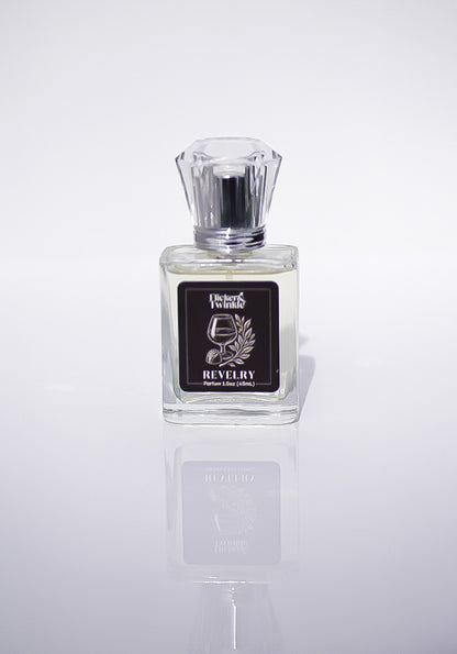Perfume bottle labeled 'Revelry' on a white background