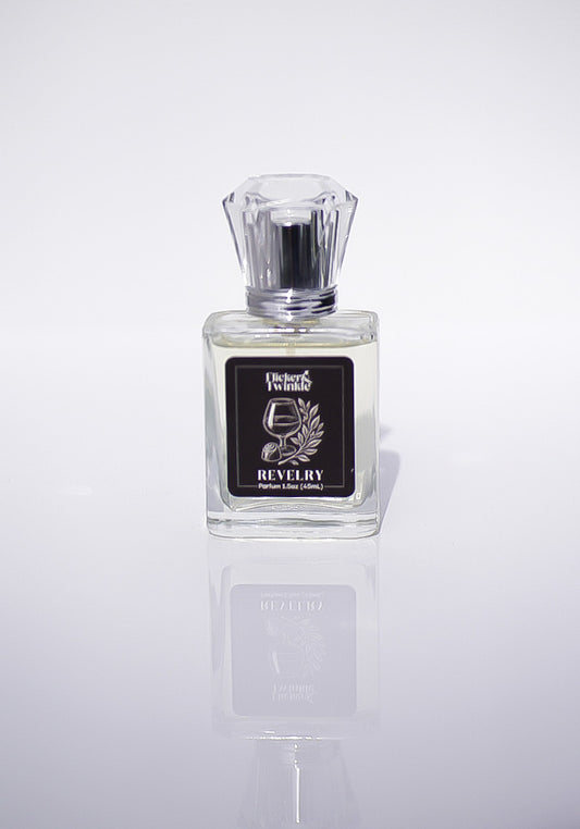Perfume bottle labeled 'Revelry' on a white background