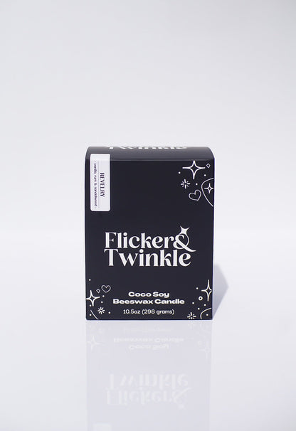 Black box labeled Revelry Coconut Wax Candle, 10.5oz, on white background.