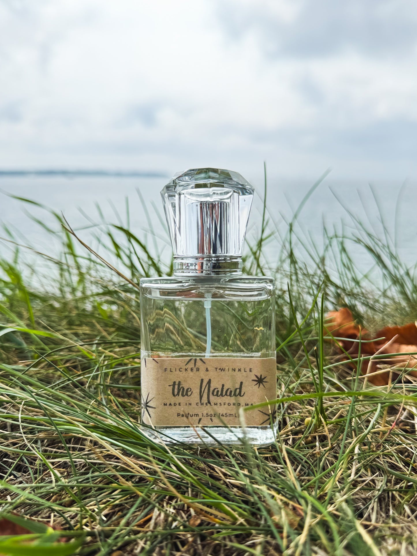 A bottle of "The Naiad" perfume by Flicker and Twinkle rests on a grassy area near the water. The clear bottle with its faceted cap stands out against the misty, overcast sky and body of water, evoking a sense of coastal elegance and the fresh scent of ocean air.