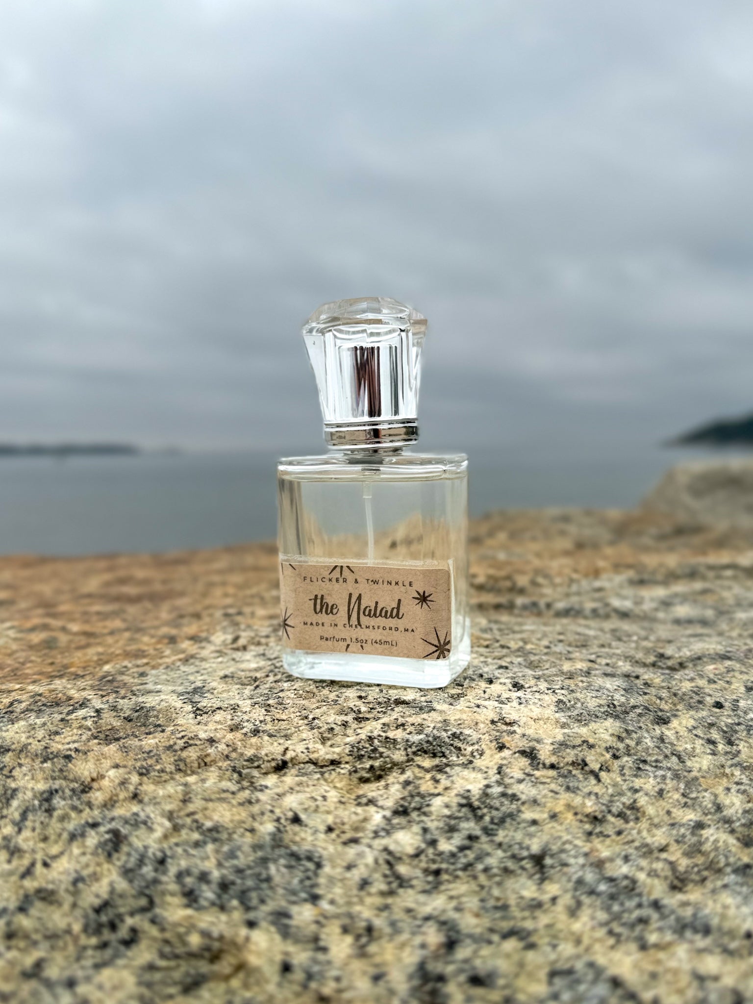 A clear perfume bottle labeled "The Naiad" with a decorative cap is placed on a large, textured rock by the sea. Evoking coastal elegance, the background shows a cloudy sky and distant, blurred landmasses across the water, capturing the essence of driftwood and ocean air. This exquisite fragrance is crafted by Flicker And Twinkle.