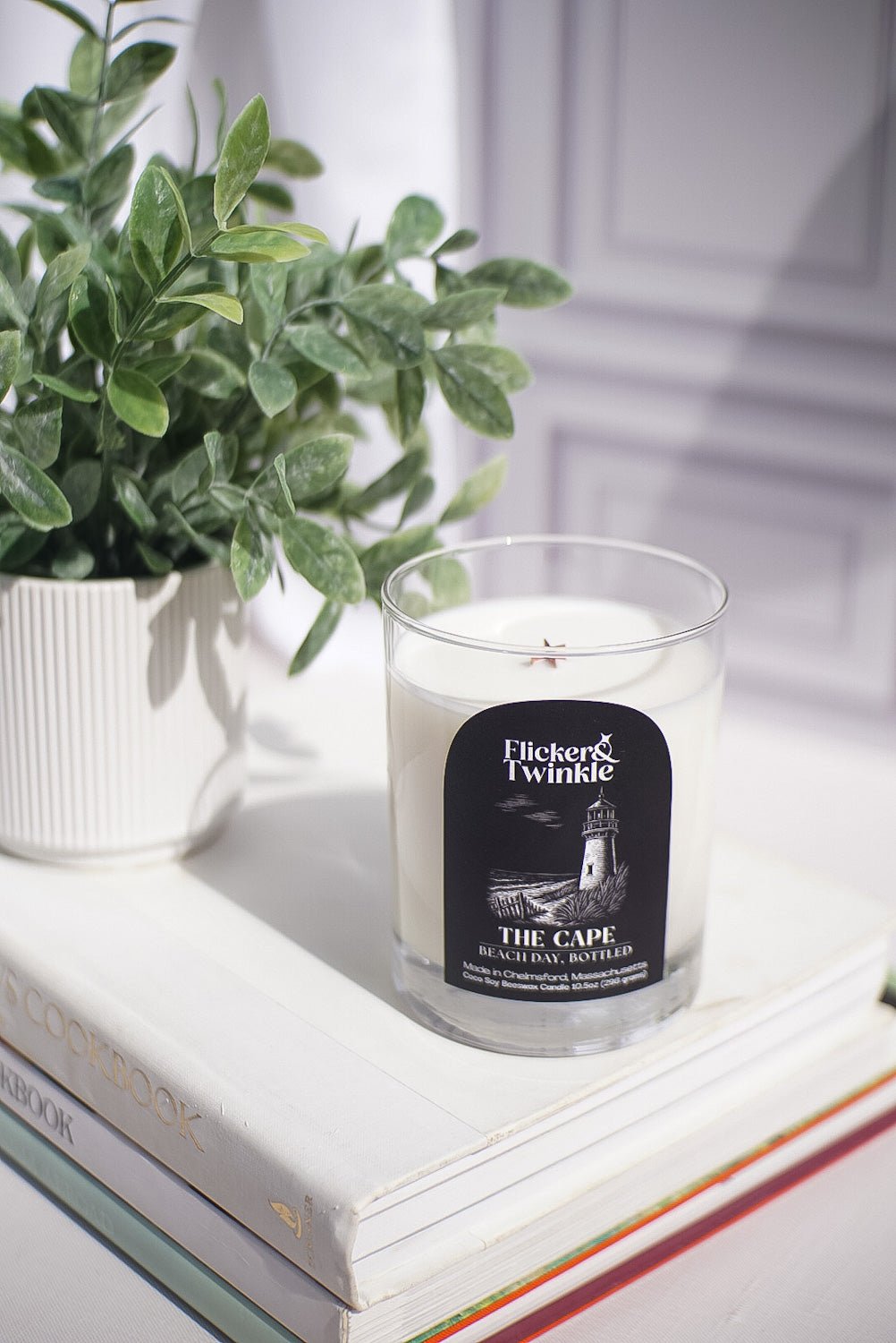 A clean-burning, ocean-scented The Cape Candle—Coconut Soy Beeswax rests on stacked books beside a green plant.
