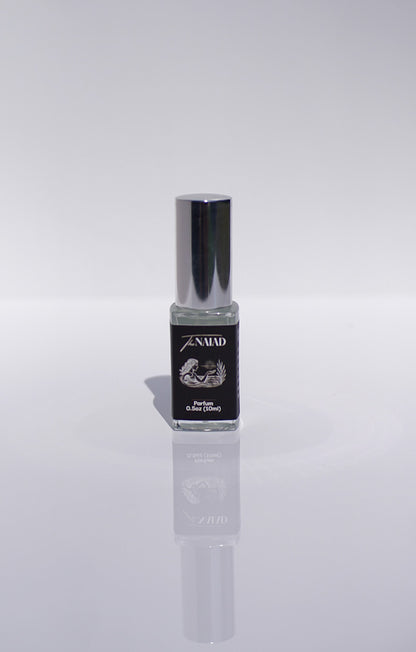 The Naiad 15mL Perfume bottle with silver cap and black label on a white background