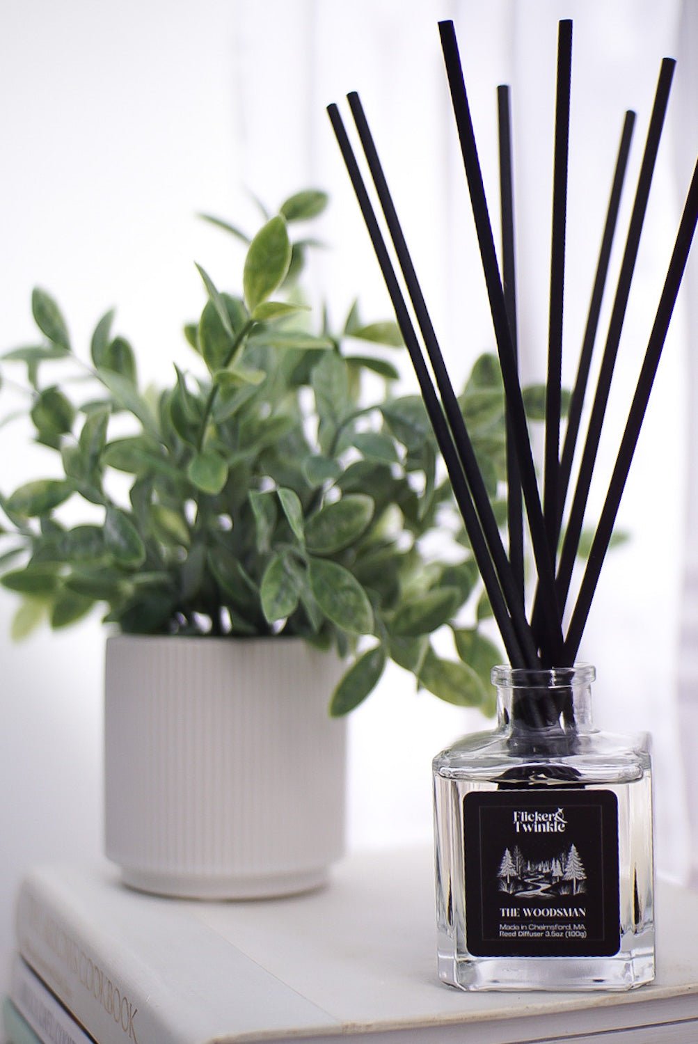 A potted plant and The Woodsman Reed Diffuser sit on a white surface by books.
