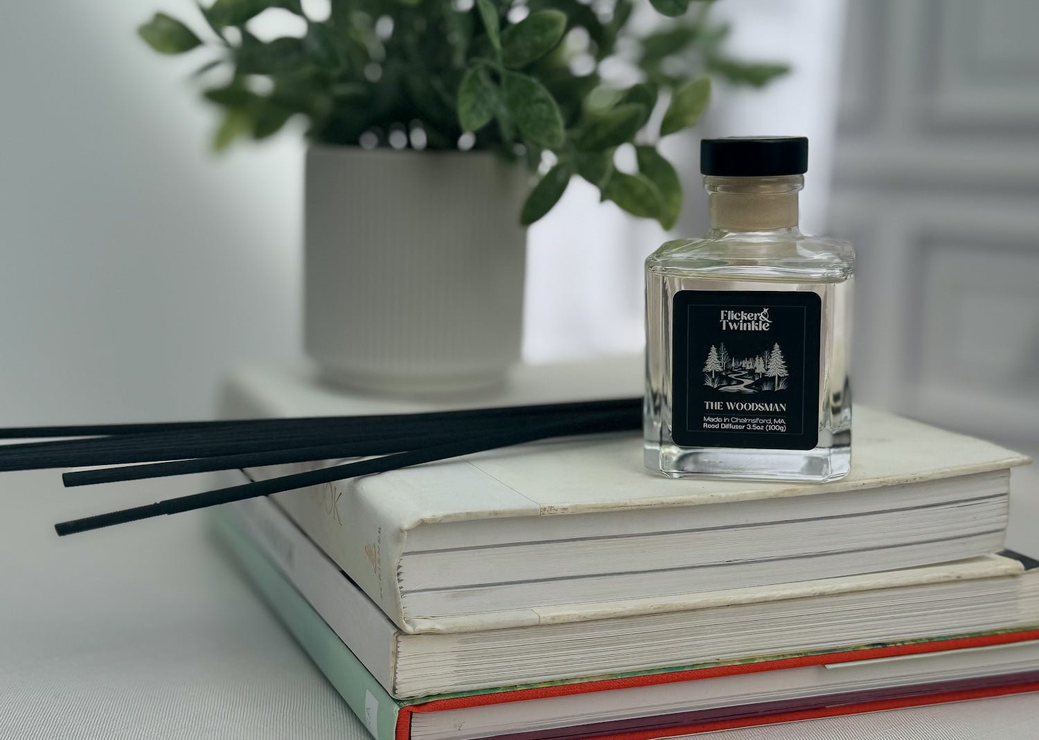 The Woodsman Reed Diffuser in glass with amber woods sits on books by a potted plant.
