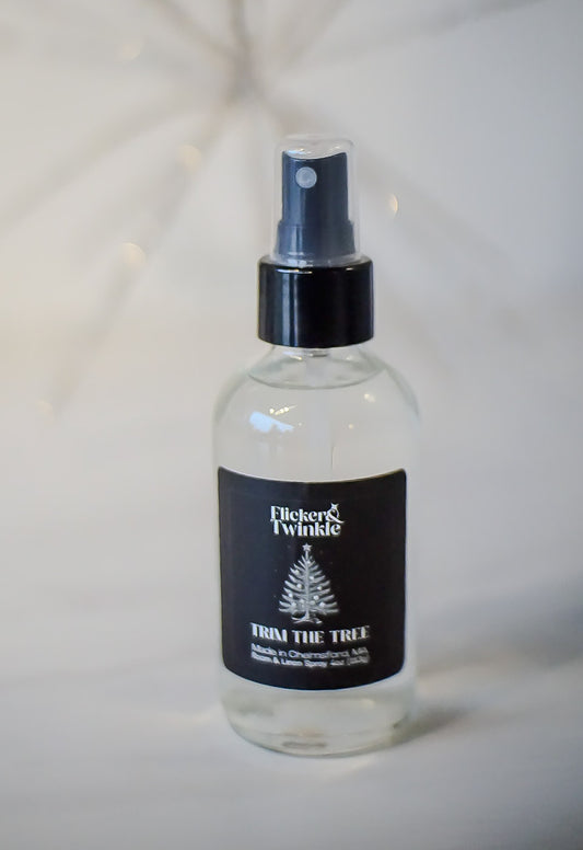 Christmas tree Room Spray Scent with a clear spray bottle with black cap and black luxury label on a white background
