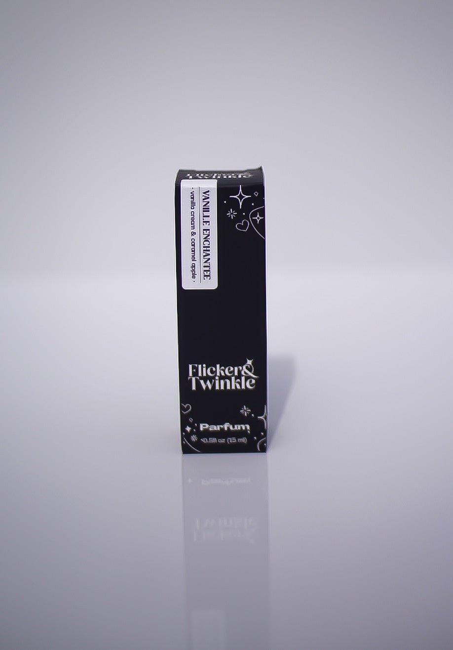 Vanille Enchantée Perfume, a gourmand scent, stands upright on a reflective surface.