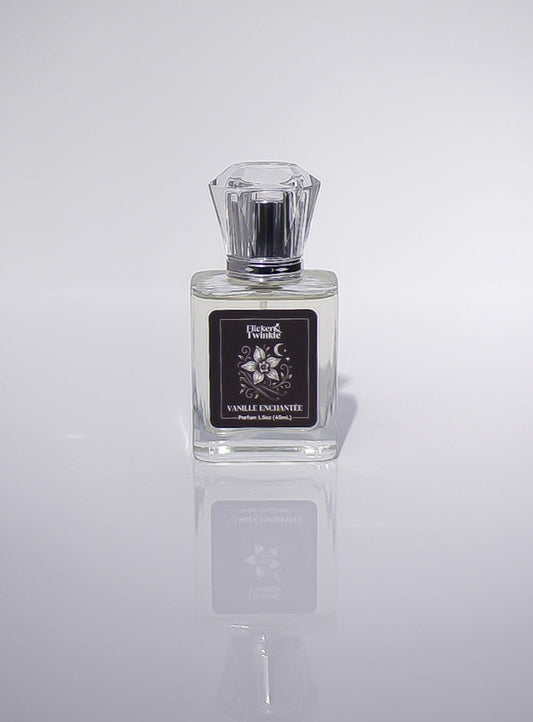 Perfume bottle with a black label on a white background