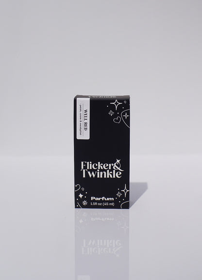 Flicker & Twinkle perfume box on a light gray background