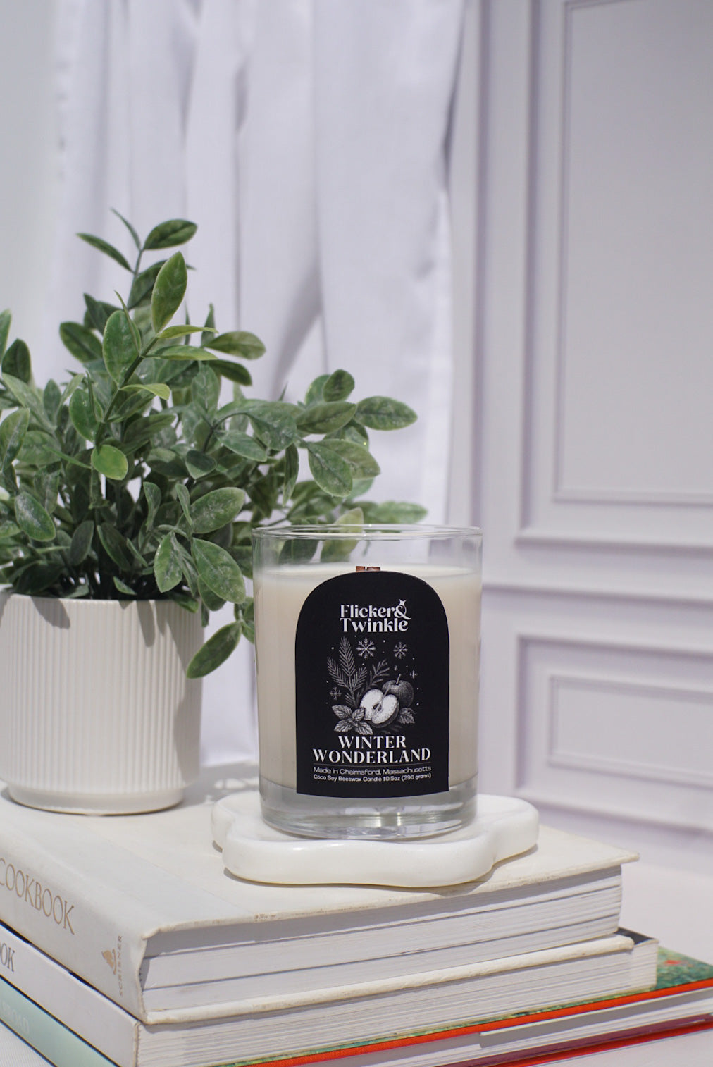 Candle labeled 'Winter Wonderland' on a stack of books with a plant in the background